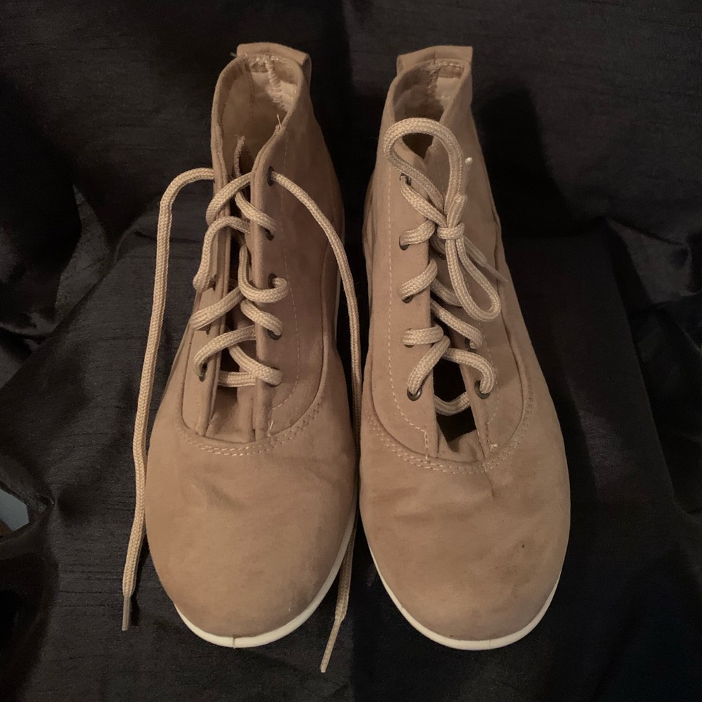 Tan suede lace up booties